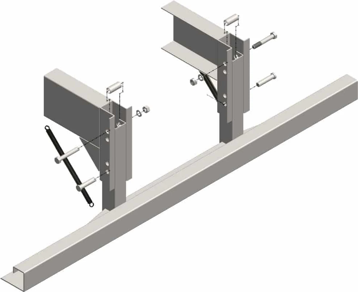 Desenho técnico do sistema: colunas de regulagem, pinos de fixação lateral e a barra do para-choque